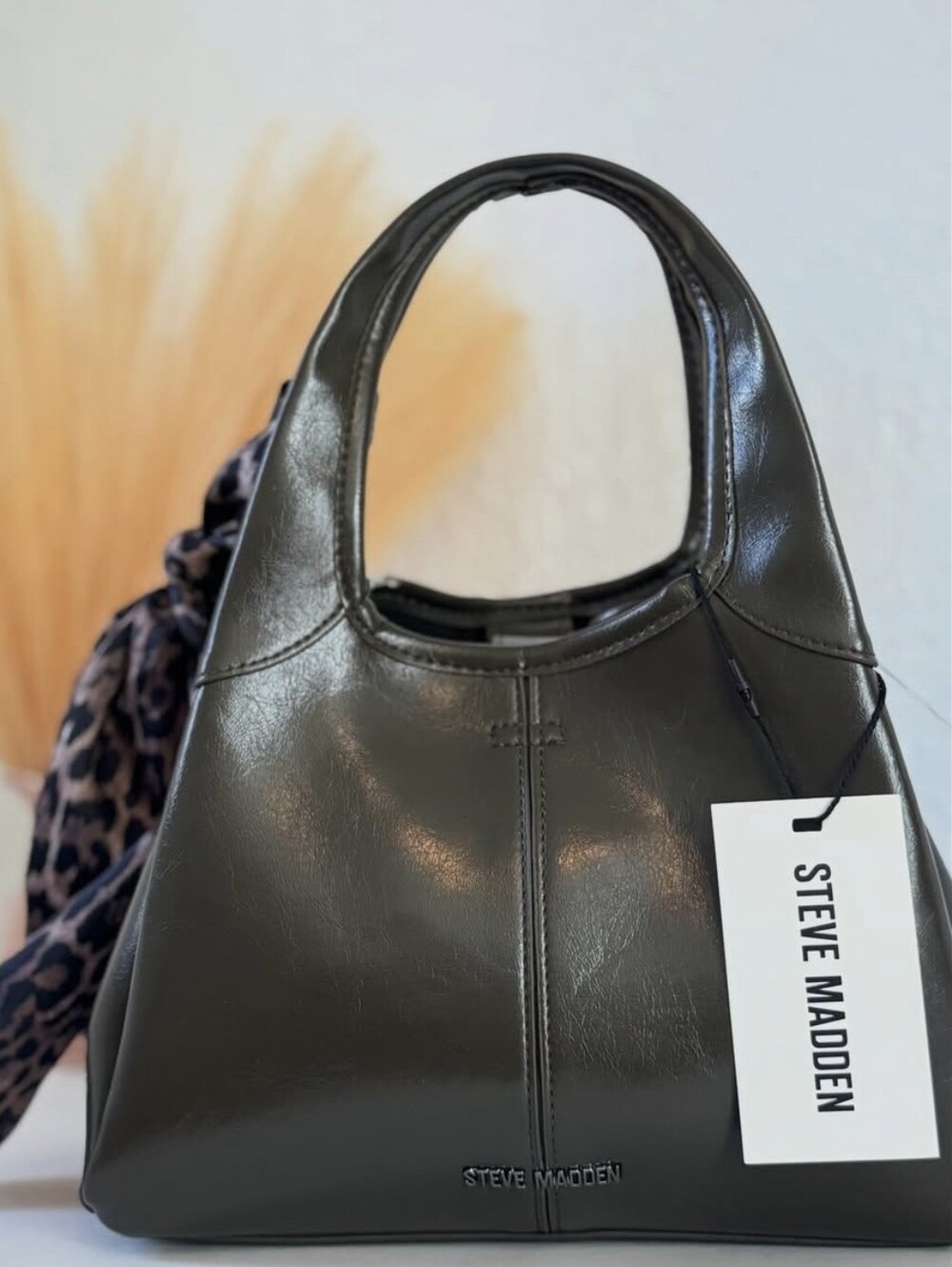 Steve Madden Black Leather Shoulder Bag with Leopard Accent Scarf